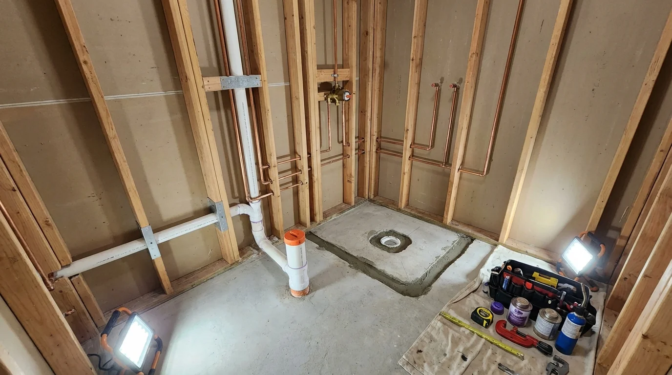 Bathroom rough-in plumbing during remodel by Johns Plumbing LLC in Mediapolis