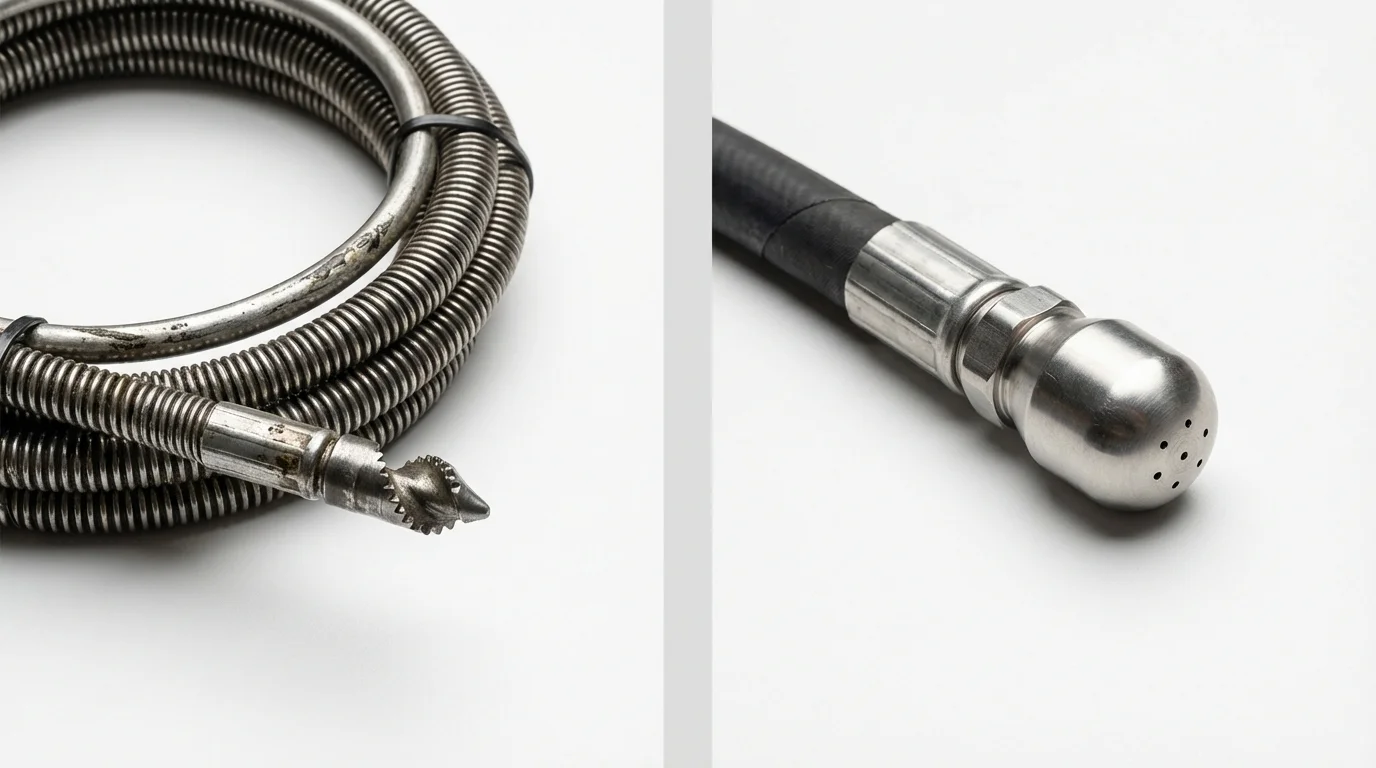Drain snake cable and hydro jetting nozzle used for drain cleaning in Mediapolis, IA