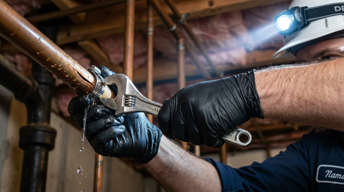 Emergency pipe clamp repair being performed by a Johns Plumbing LLC plumber in Mediapolis