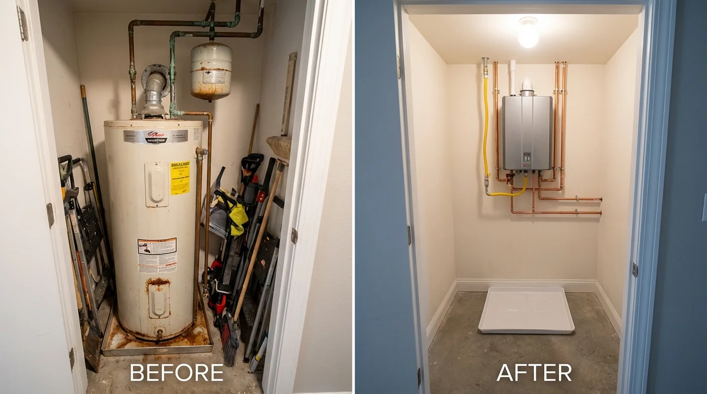 Tank water heater versus wall-mounted tankless unit comparison for Mediapolis, IA homeowners