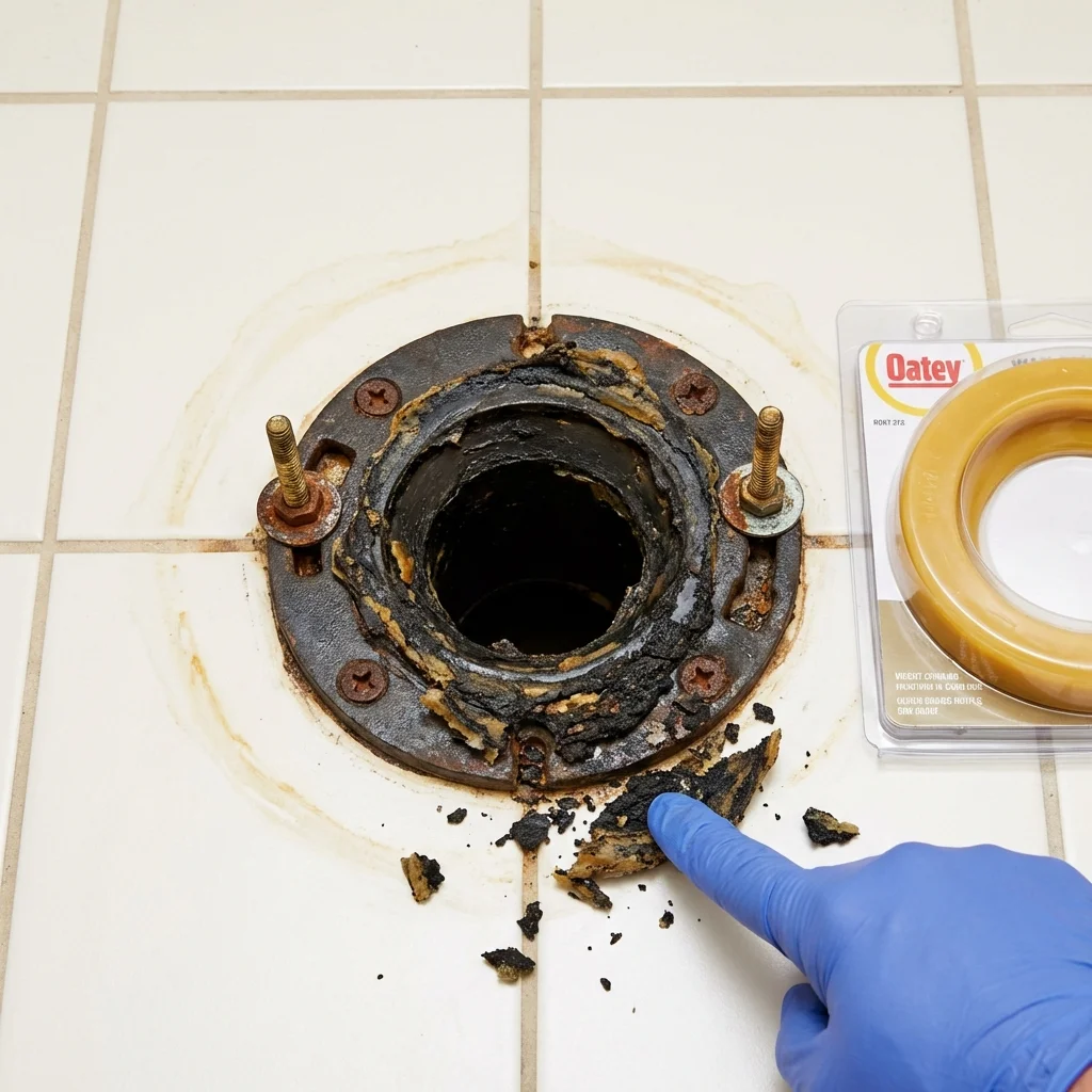 Failed wax ring showing water seepage at the base of a toilet in a Mediapolis, IA home