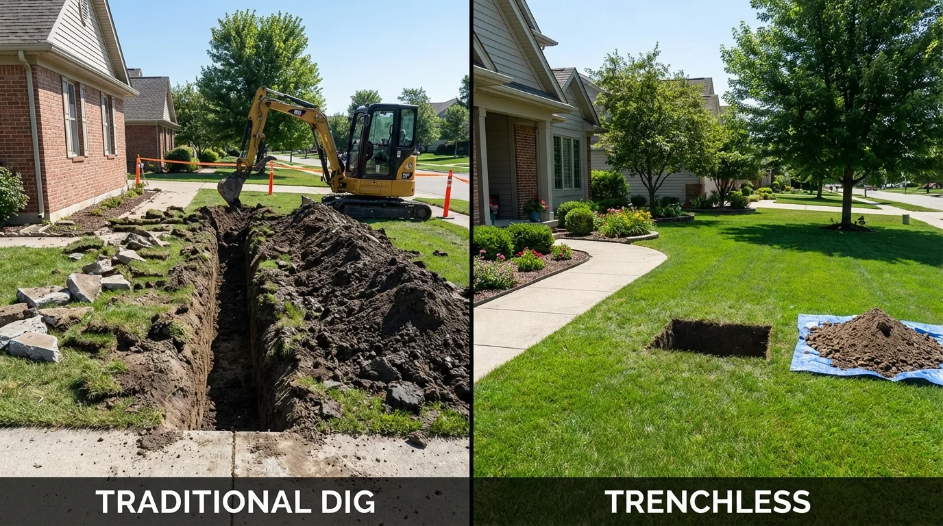 Trenchless sewer repair with minimal yard damage versus traditional excavation in Mediapolis, IA