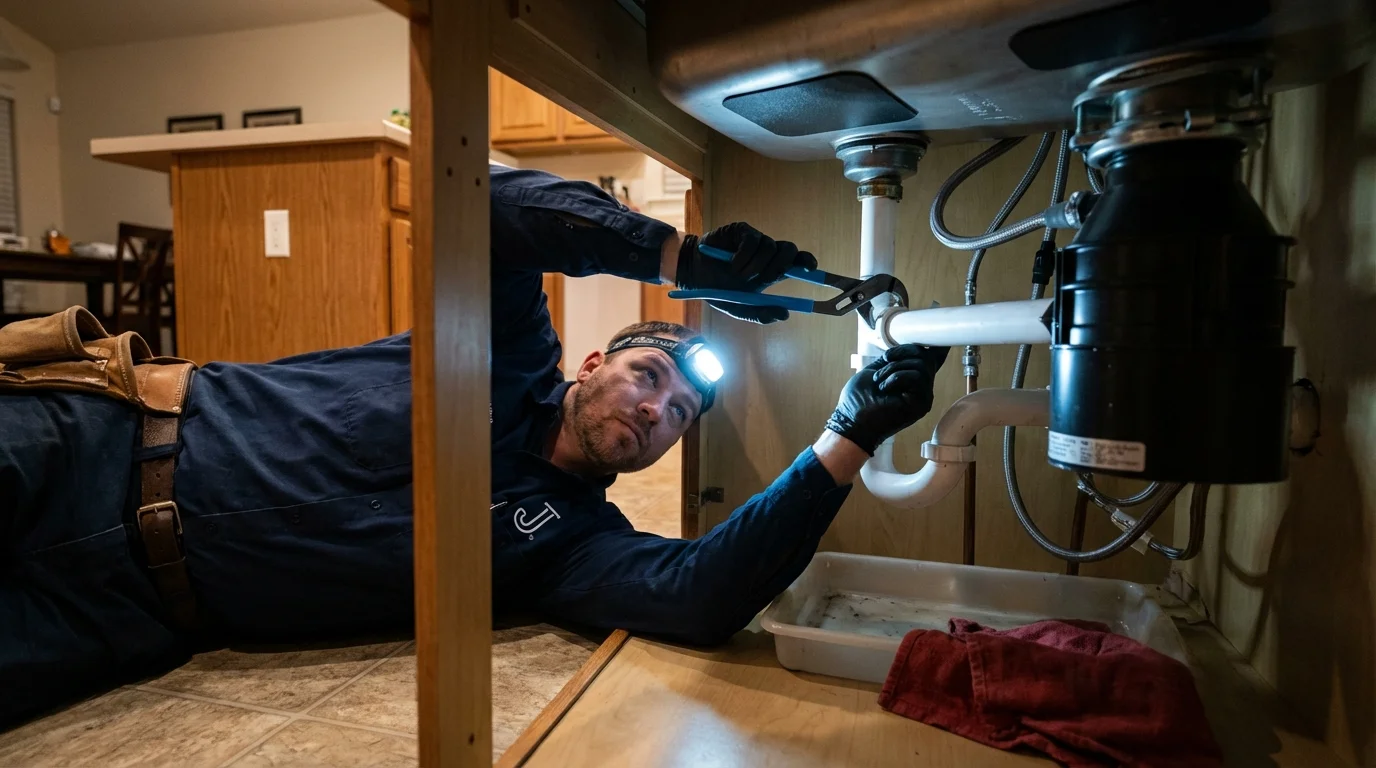 P-trap and supply line connections under a kitchen sink showing a common leak point in Mediapolis, IA